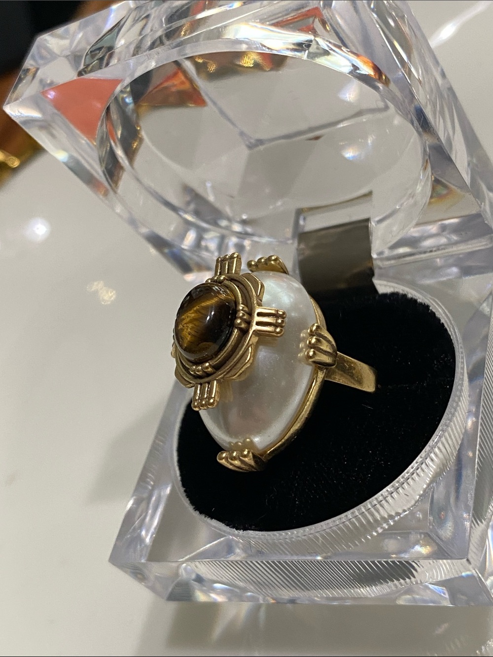 VTG Pearl Ring with Brown Tiger Eye Accent